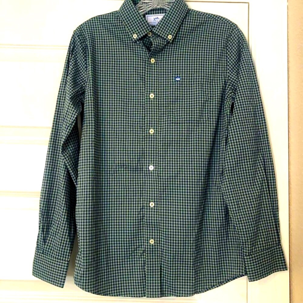 New SOUTHERN TIDE Boys Skipjack Logo Tailored Dress Shirt Green\Navy Check XL\16